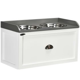 Raised Pet Feeder, Large Pet Dish Bowl Set with Storage Drawer, 2 Steel Bowls, White