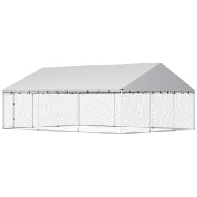 Heavy Duty Outdoor Dog Kennel with Waterproof Roof, 2 Secure Latches, Chain Link Dog Run for Backyard, 20' x 15' x 8'